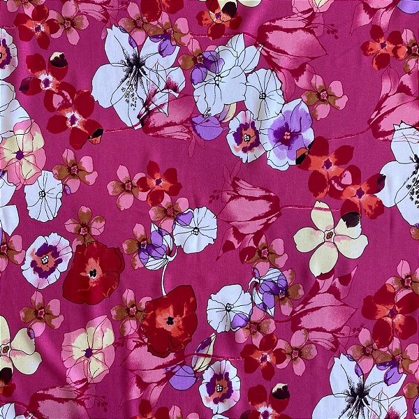 TECIDO VISCOSE ESTAMPADA (FLOR VERMELHA FUNDO ROSA)