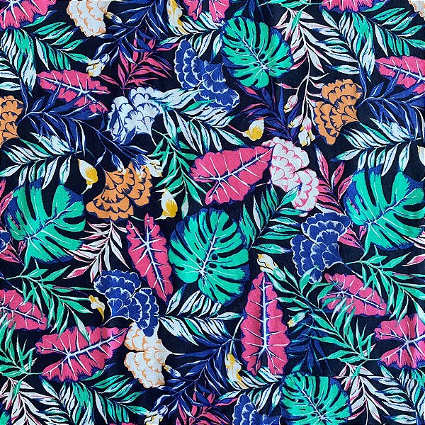 TECIDO VISCOSE ESTAMPADA (FLOR VERDE E ROXA FUNDO PRETO)