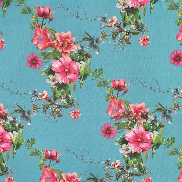 TULE ESTAMPADO (FLOR ROSA COM FUNDO AZUL)