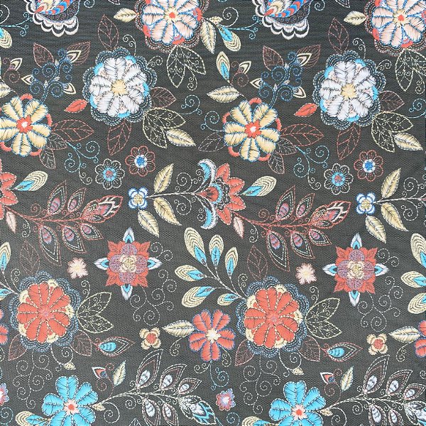 TULE ESTAMPADO (FLORES COLORIDAS COM FUNDO PRETO)