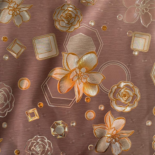TOALHA DE MESA PLÁSTICA METÁLICA | FLORES DOURADAS FUNDO ROSE