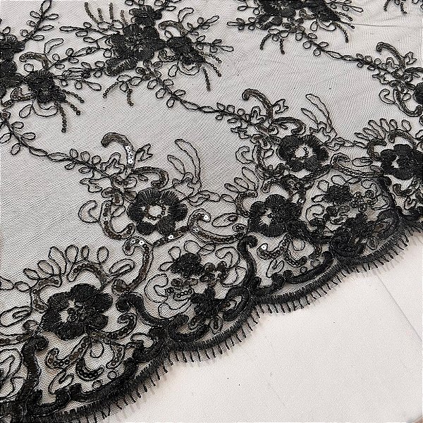 RENDA CORD METALIZADA | 100% POLIÉS BARRADA - 1,30m | PRETO
