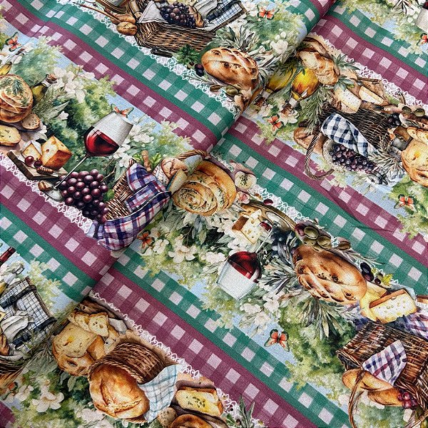 TRICOLINE ESTAMPADA BARRADA DIGITAL | 1,50LARG X 0,55CM | VINHO/QUEIJOS 31