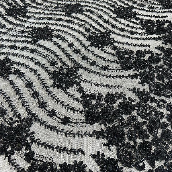 RENDA TULE BORDADO C/ PEDRARIA PREMIUM | 1,20m | PRETO