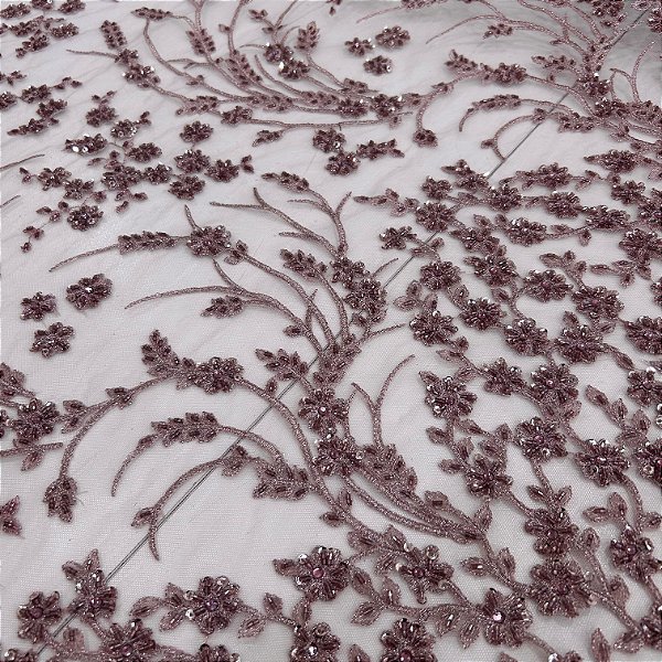 RENDA TULE BORDADO C/ PEDRARIA PREMIUM | 1,20m X 0,50m | ROSE