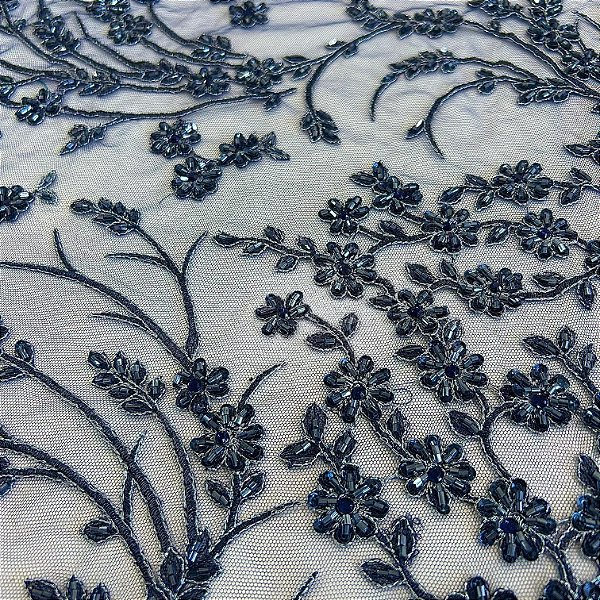 RENDA TULE BORDADO C/ PEDRARIA PREMIUM | 1,20m X 0,50m | AZUL MARINHO