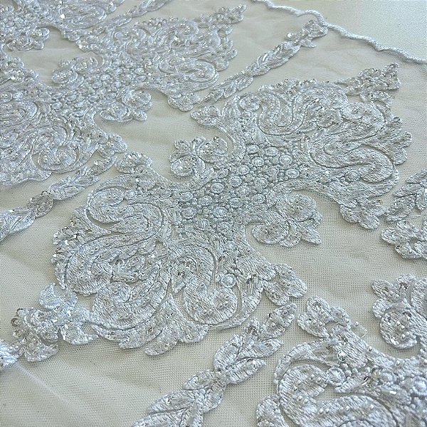 RENDA TULE BORDADO C/ PEDRARIA PREMIUM | 1,20m X 0,50m | BRANCO 2