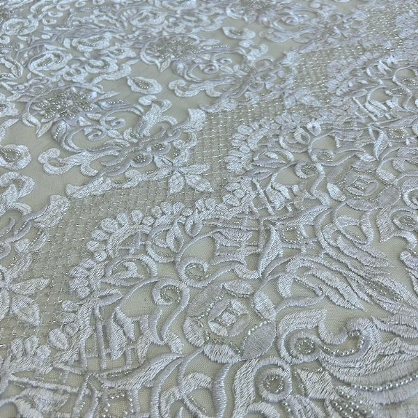 RENDA TULE BORDADO C/ PEDRARIA PREMIUM | 1,20m X 0,50m | BRANCO 1