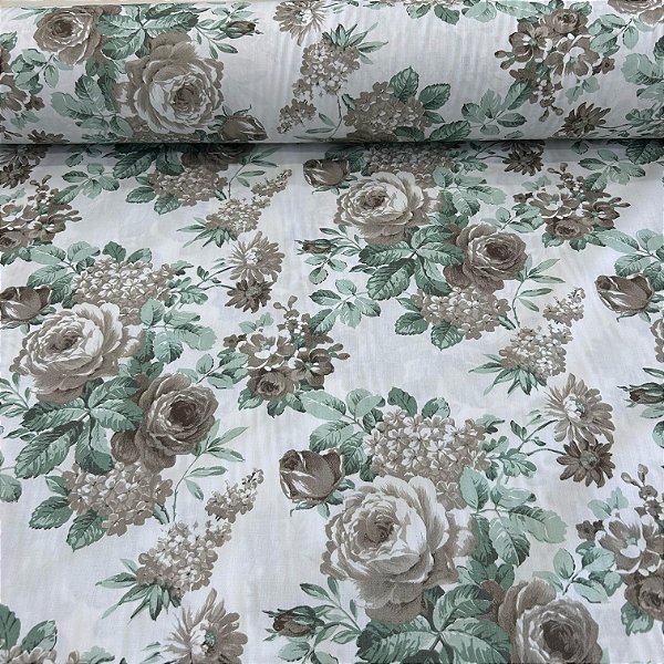 TECIDO PERCAL 200 FIOS | 100% ALGOD - 2,50m | FLORAL MARROM/VERDE CIL.70045