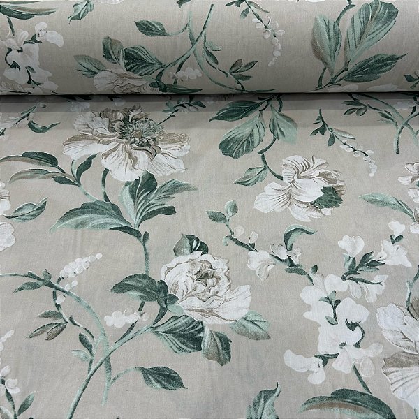 TECIDO PERCAL 200 FIOS | 100% ALGOD - 2,50m | FLORAL BRANCO/VERDE CIL.7826