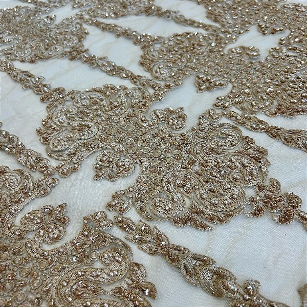 RENDA TULE BORDADO C/ PEDRARIA PREMIUM | 1,20m | OURO