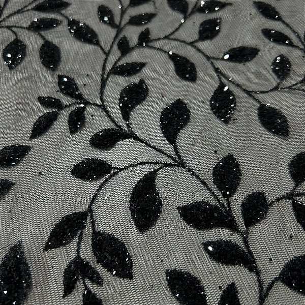 TULE COM GLITTER TULIPAS | 1,45m | PRETO