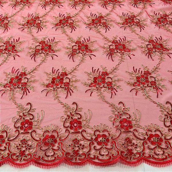 RENDA CORD METALIZADA EWA | 100% POLIÉS BARRADA - 1,30m | VERMELHO C/ DOURADO