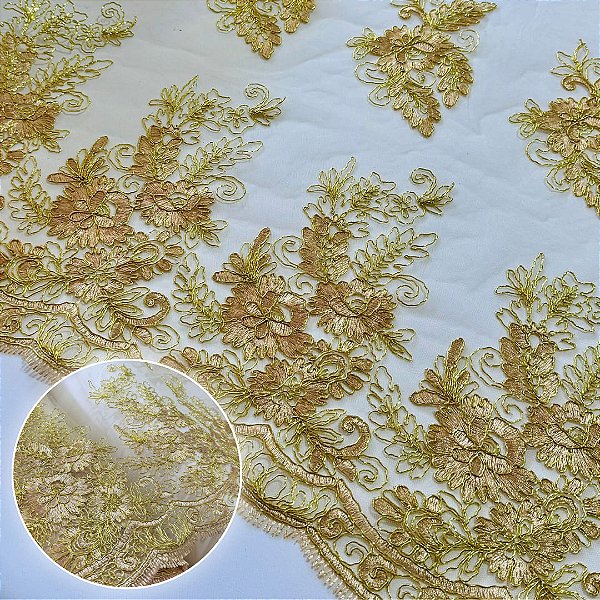 TULE BORADADO RENDA CORD METALIC | 1,30m | DOURADO
