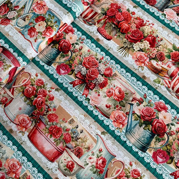 TRICOLINE DIGITAL ESTAMPADA BARRADA | 1,50m X 0,55cm - 100% ALGODÃO | CHÁ COM ROSAS