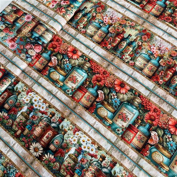 TRICOLINE DIGITAL ESTAMPADA BARRADA | 1,50 X 0,55cm - 100% ALGODÃO | FLORES E VIDROS