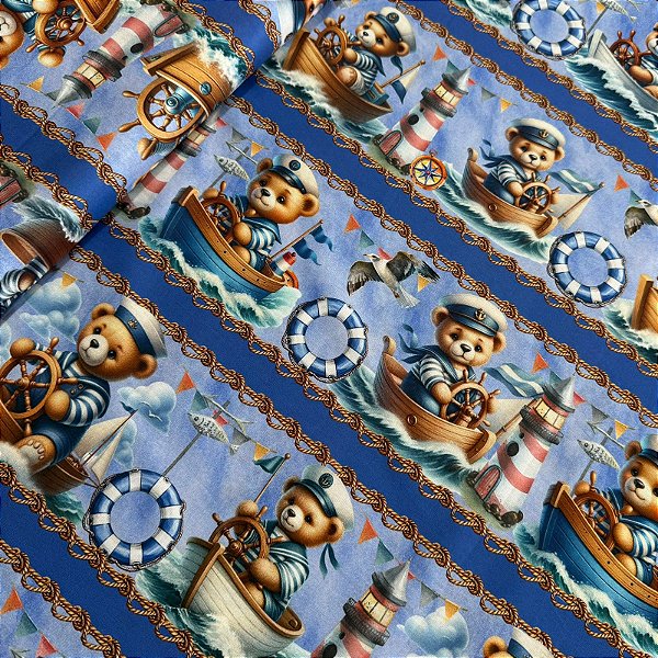 TRICOLINE DIGITAL ESTAMPADA BARRADA | 1,50 X 0,50cm - 100% ALGODÃO | URSINHO MARINHEIRO