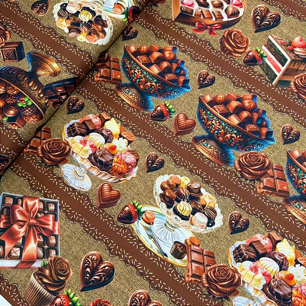 TRICOLINE DIGITAL ESTAMPADA BARRADA | 1,50m X 0,50cm - 100% ALGODÃO | DOCES DE CHOCLATE