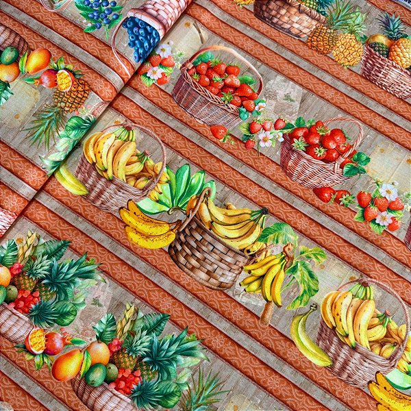 TRICOLINE DIGITAL ESTAMPADA BARRADA | 1,50m X 0,55cm - 100% ALGODÃO | FRUTAS