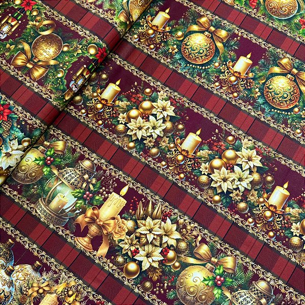 TRICOLINE DIGITAL ESTAMPADA BARRADA NATAL | 1,50m X 0,55cm - 100% ALGODÃO | ENFEITES DOURADOS