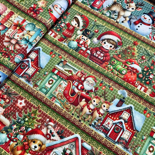 TRICOLINE DIGITAL ESTAMPADA BARRADA NATAL | 1,50cm X 0,55cm - 100% ALGODÃO | POLO NORTE