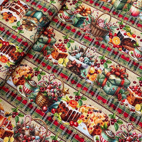 TRICOLINE DIGITAL ESTAMPADA BARRADA NATAL | 1,50cm X 0,55cm - 100% ALGODÃO | BOLOS COM NATAL