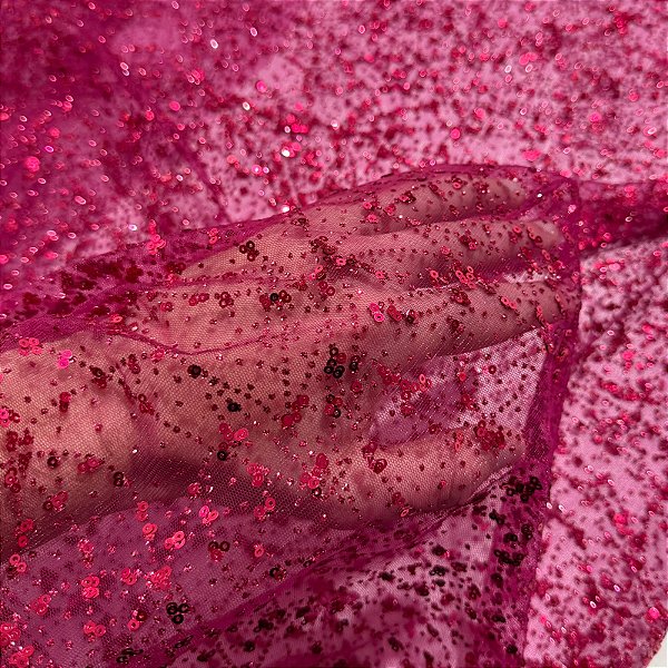 TECIDO TULE COM GLITTER E PAETÊ NEBULOSA | 1,48m | ROSA PINK