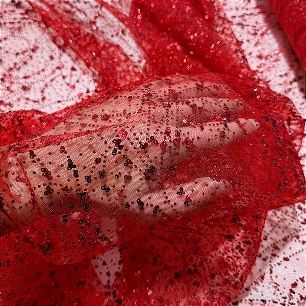 TECIDO TULE COM GLITTER E PAETÊ NEBULOSA | 1,48m | VERMELHO