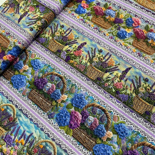 TRICOLINE DIGITAL ESTAMPADA BARRADA | 0,50cm X 1,50m - 100% ALGODÃO | CESTAS E FLORES