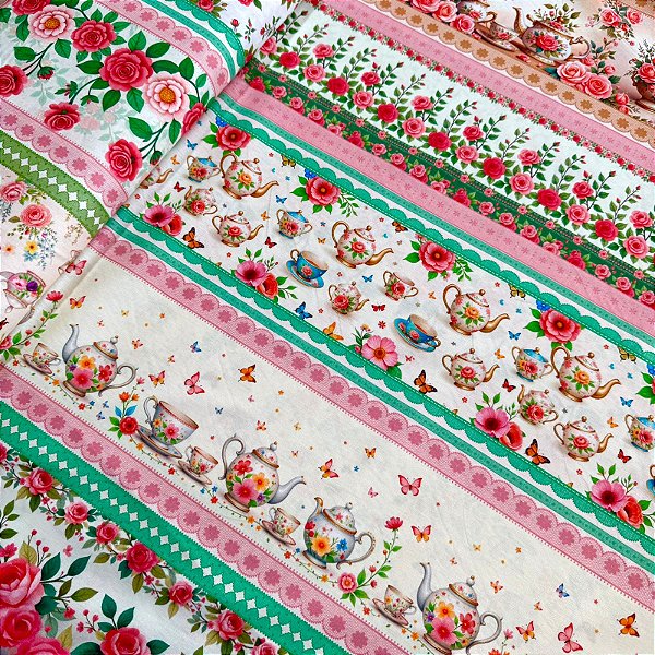 TRICOLINE BAHAMAS ESTAMPADO PREMIUM | 0,50cm X 1,50m - 100% Algodão | Buquê de Porcelana Des:9050 V298