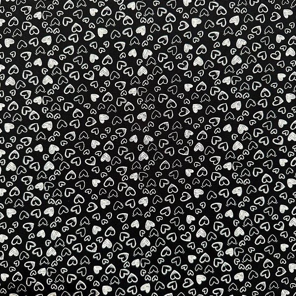 TRICOLINE BAHAMAS ESTAMPADO PREMIUM | 0,50cm X 1,50m - 100% Algodão | Corações Preto Des: 1342 V104