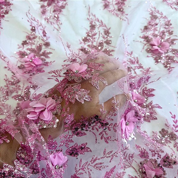 TECIDO TULE COM GLITTER 3D | 1,40m | ROSA CLARO