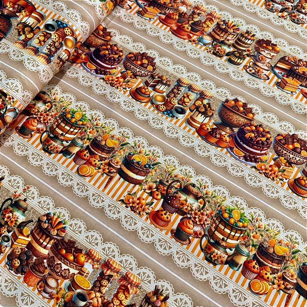 TECIDO TRICOLINE DIGITAL BARRADA | 0,55cm X 1,50m - 100% Algodão | Chocolate Com Laranja