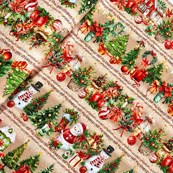 TECIDO TRICOLINE DIGITAL BARRADA NATAL | 0,50cm X 1,50m - 100% Algodão | Arvores de Natal