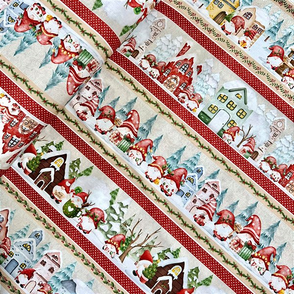 TECIDO TRICOLINE DIGITAL BARRADA NATAL | 0,55cm X 1,50m - 100% Algodão | Vila do Noel