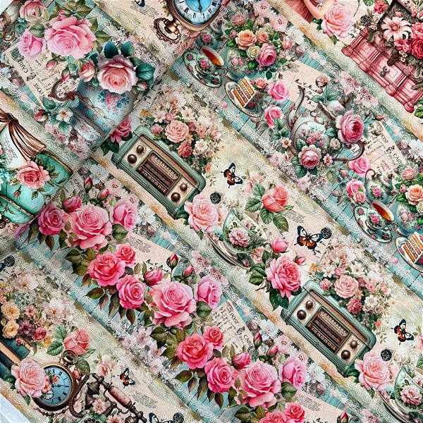 TRICOLINE BARRADA DIGITAL | 0,55cm X 1,50m - 100% Algodão | ROSAS VINTAGE 3248