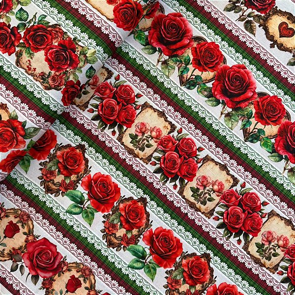 TRICOLINE BARRADA DIGITAL | 0,55cm X 1,50m - 100% Algodão | Rosas Vermelhas 3244