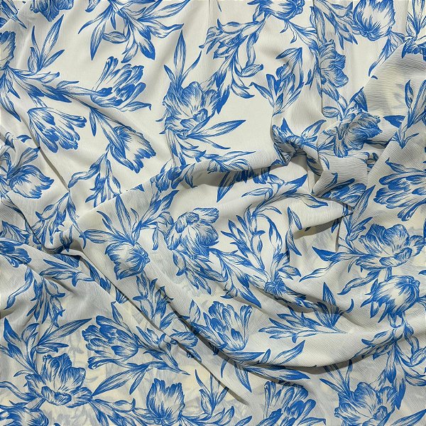 TECIDO CREPE MOUSSELINE | 1,50m - 100% Poliéster | Floral Azul