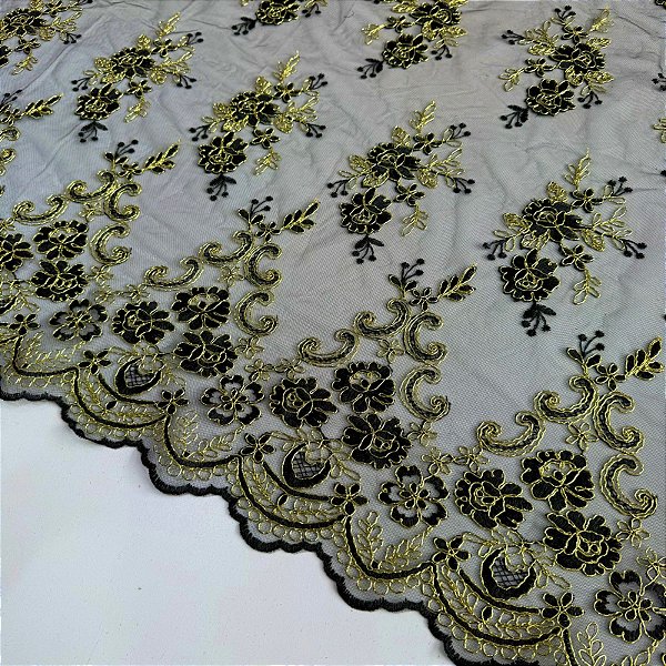 TULE BORADADO RENDA CORD FIO METALICO | 1,30m | Preto / Dourado