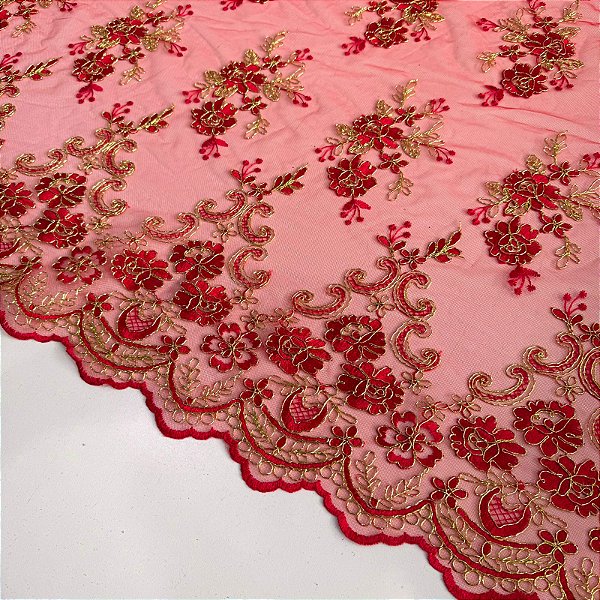 TULE BORADADO RENDA CORD FIO METALICO | 1,30m | Vermelho / Dourado