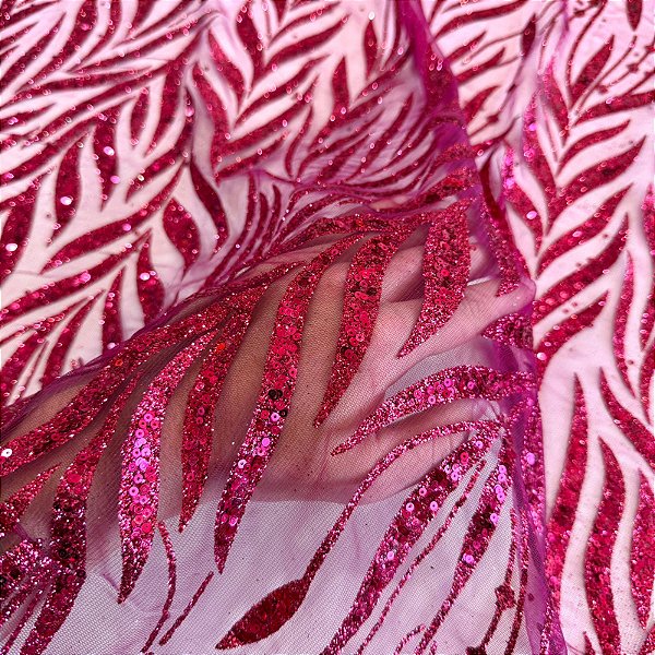 TECIDO TULE COM GLITTER FOLHAS | 1,45m | Rosa Pink
