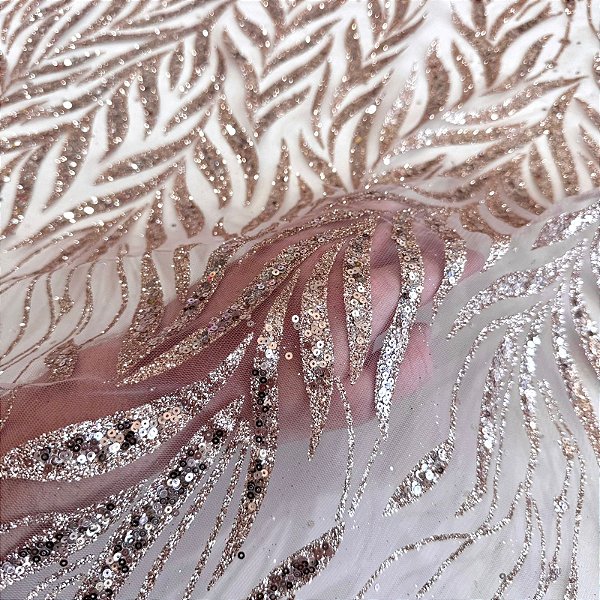 TECIDO TULE COM GLITTER FOLHAS | 1,45m | Nude