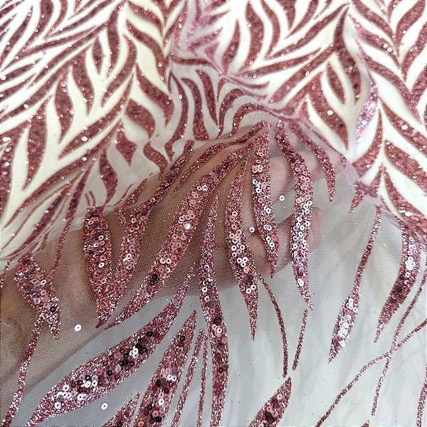 TECIDO TULE COM GLITTER FOLHAS | 1,45m | Rose