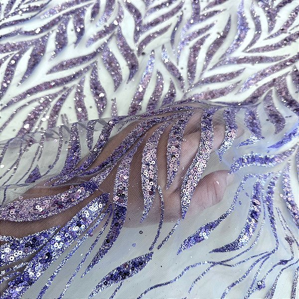 TECIDO TULE COM GLITTER FOLHAS | 1,45m | Lilás