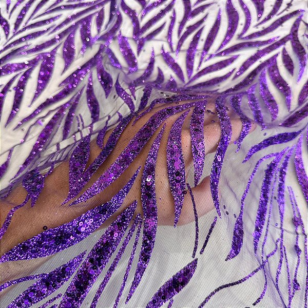 TECIDO TULE COM GLITTER FOLHAS | 1,45m | Roxo