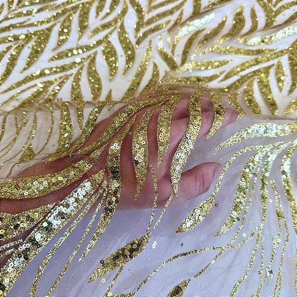 TECIDO TULE COM GLITTER FOLHAS | 1,45m | Dourado
