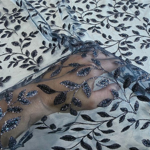 TECIDO TULE COM GLITTER TULIPAS | 1,45m | Azul Navy