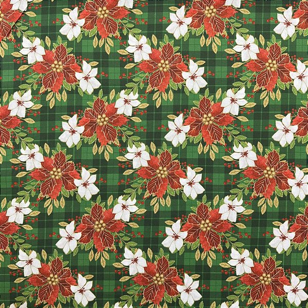 Tricoline Estampada Natalino | 0,50cm X 1,50m | Flores Natalinas Verde