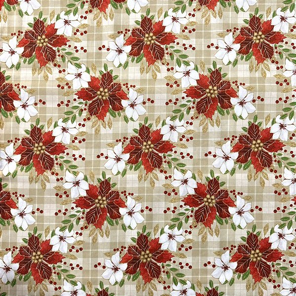 Tricoline Estampada Natalino | 0,50cm X 1,50m | Flores Natalinas Bege