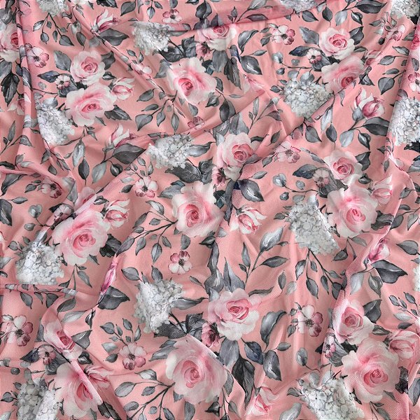 TULE COM ELASTANO ROMANCE DIGITAL | 1,60m | Rosas Rosa Claro 16